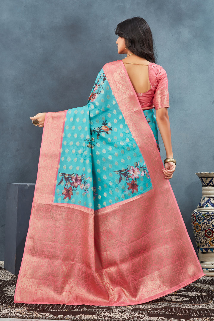 Cyan Color Crepe Georgette Digital Printed Saree