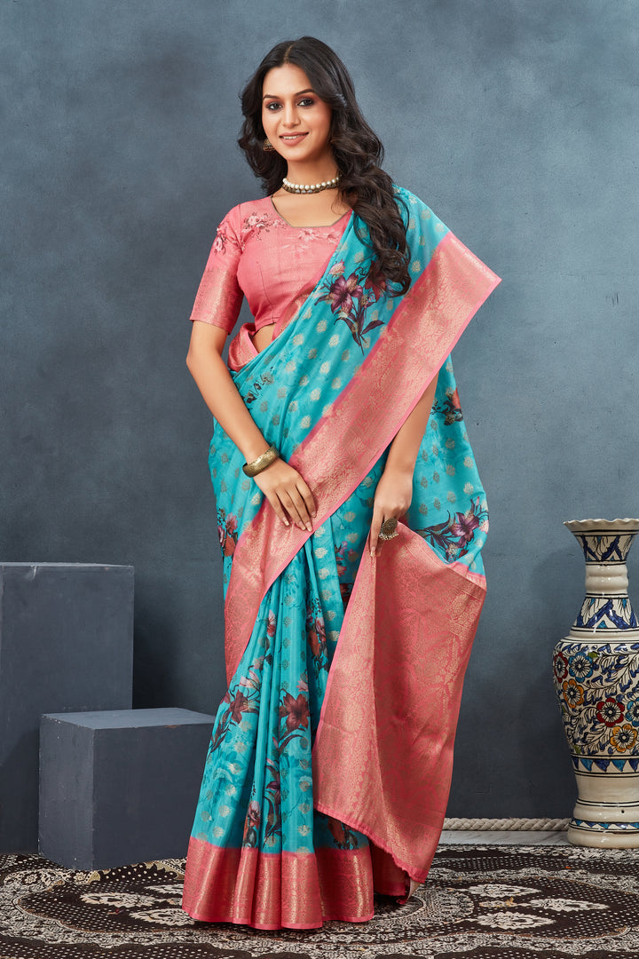 Cyan Color Crepe Georgette Digital Printed Saree