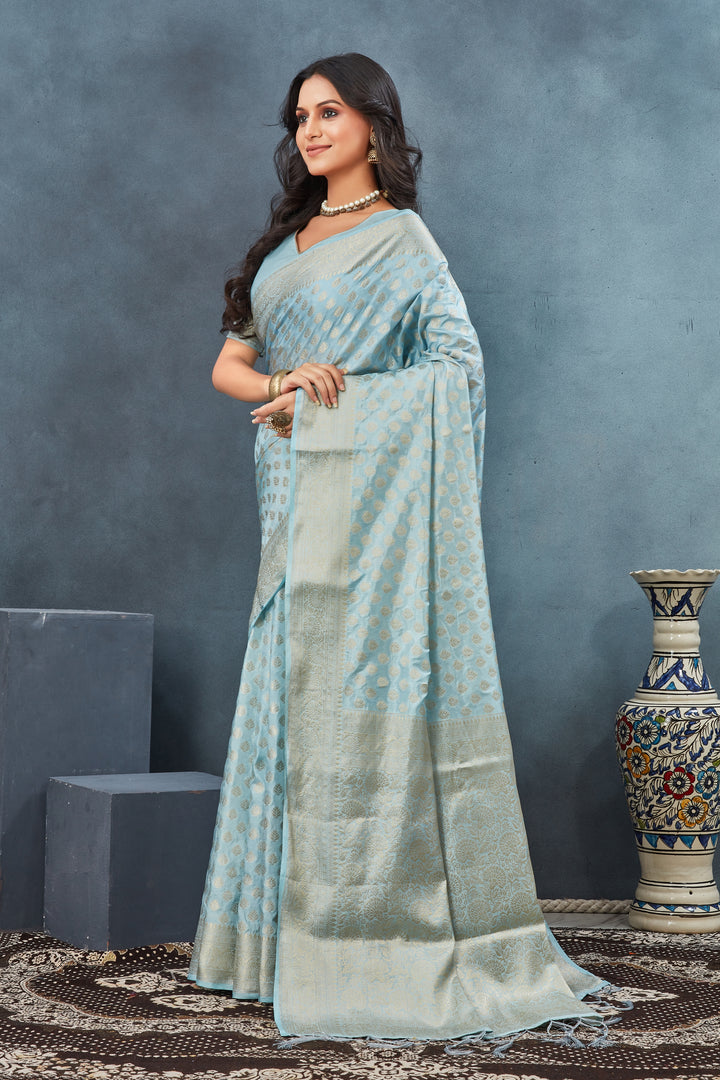 Light Blue Color Pure Georgette Silk Handloom Saree