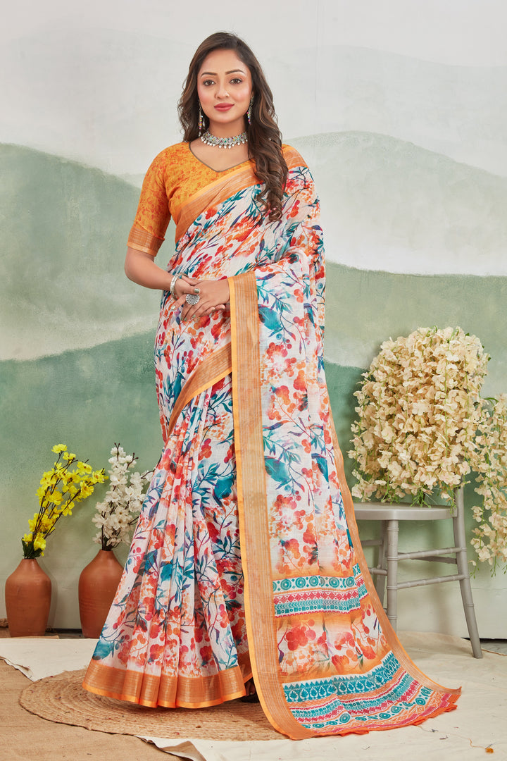 Orange Linen Cotton Blend Saree Printed Body With Zari Edge