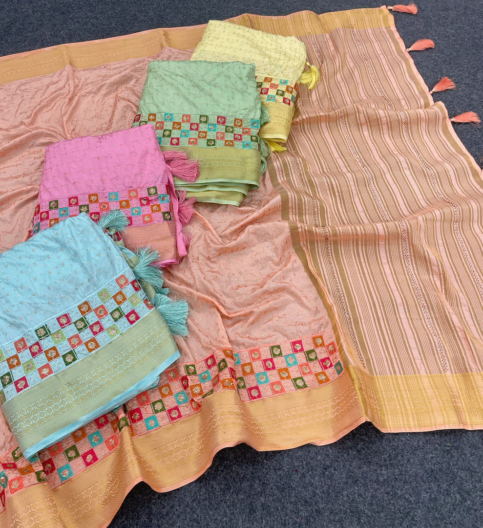 💕LIGHT PINK PLAIN Embroidery Work SILK Saree 💕