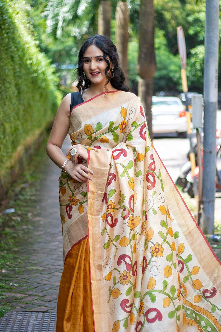 Vintage-Inspired Kalamkari Print on Handloom Tussar Silk