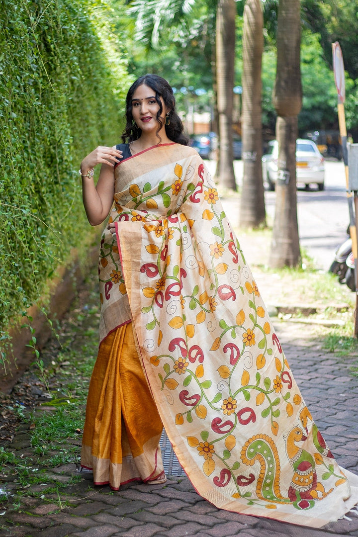 Vintage-Inspired Kalamkari Print on Handloom Tussar Silk