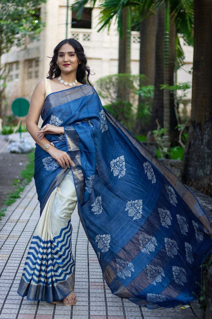 Ethnic Charm: Tussar Silk Saree with Hand-Painted Kalamkari