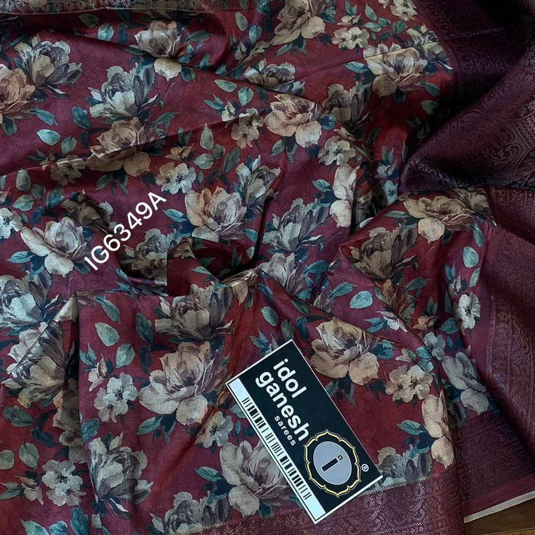 Printed Perfection Pretty Maroon Digital Design Handloom Silk