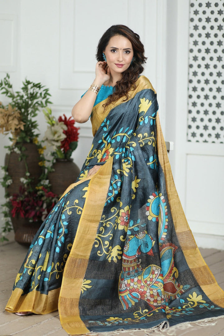 Traditional Handloom Tussar Silk Saree with Kalamkari Grace