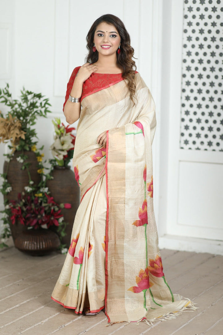 Beautifully Designed Tussar Silk Saree with Kalamkari Accents