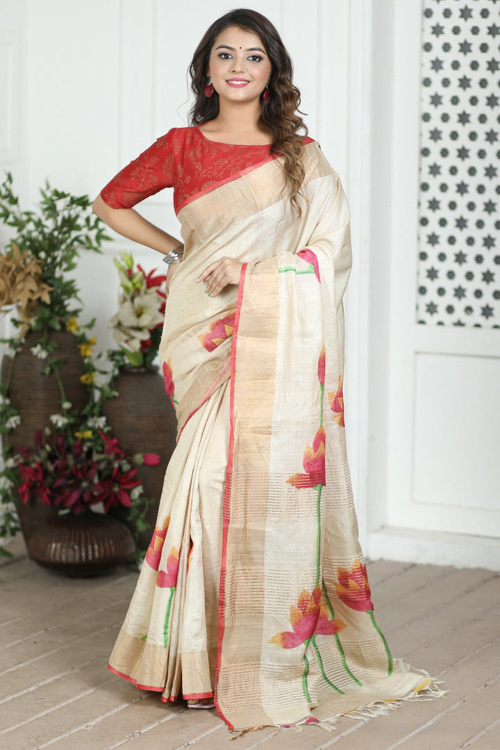 Beautifully Designed Tussar Silk Saree with Kalamkari Accents