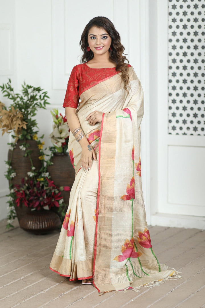 Beautifully Designed Tussar Silk Saree with Kalamkari Accents