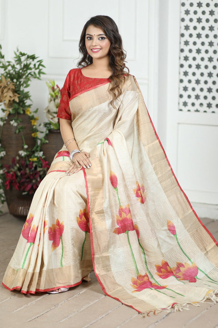 Beautifully Designed Tussar Silk Saree with Kalamkari Accents