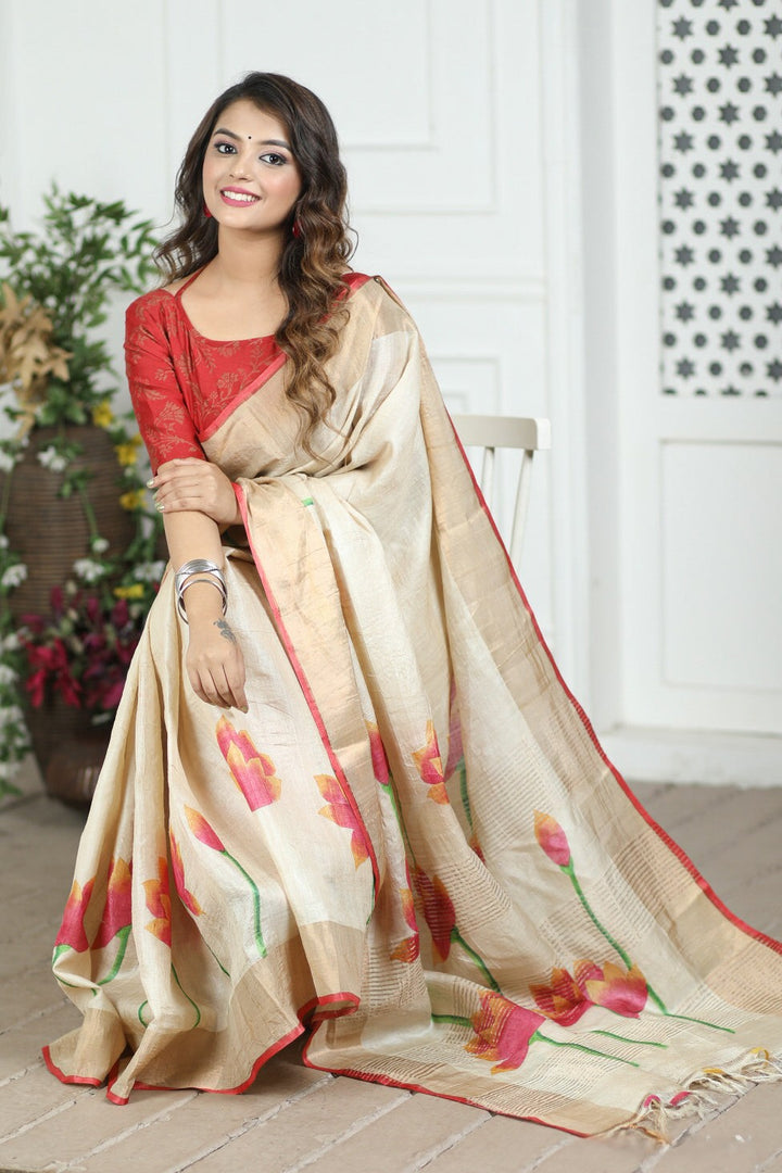 Beautifully Designed Tussar Silk Saree with Kalamkari Accents