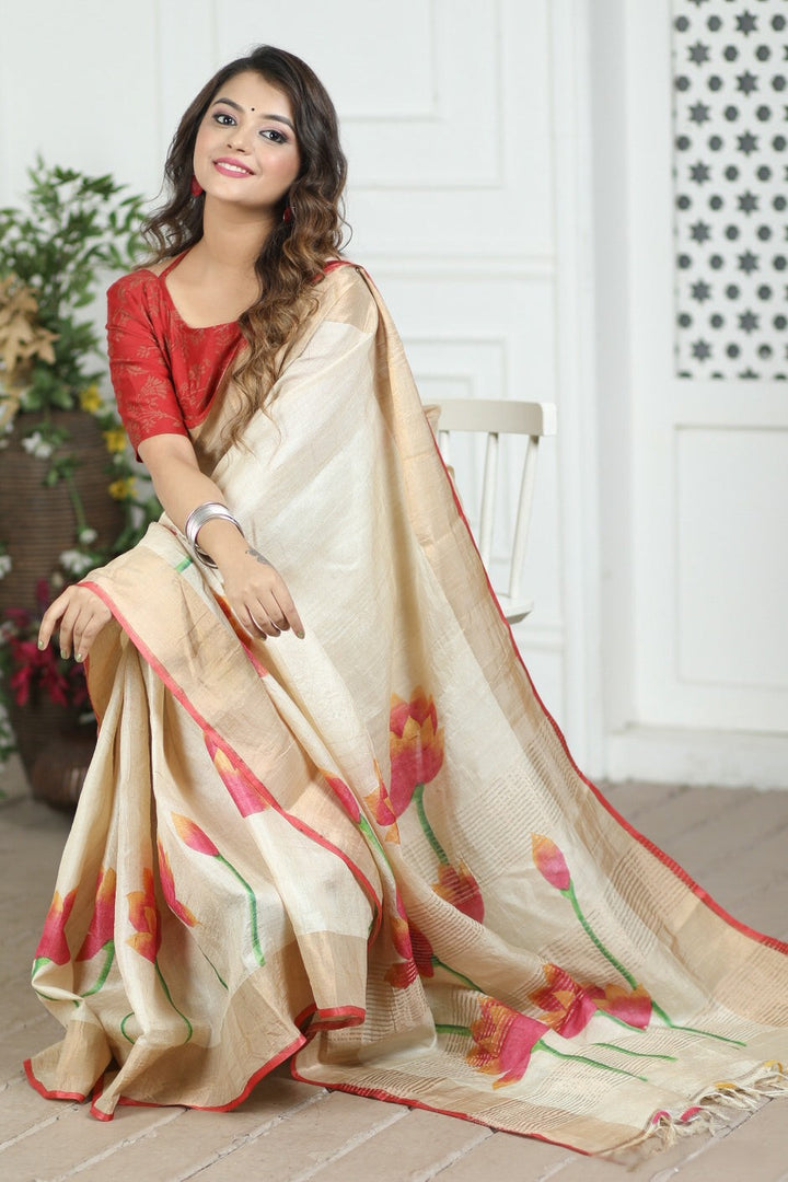 Beautifully Designed Tussar Silk Saree with Kalamkari Accents