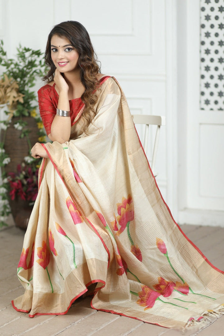 Beautifully Designed Tussar Silk Saree with Kalamkari Accents