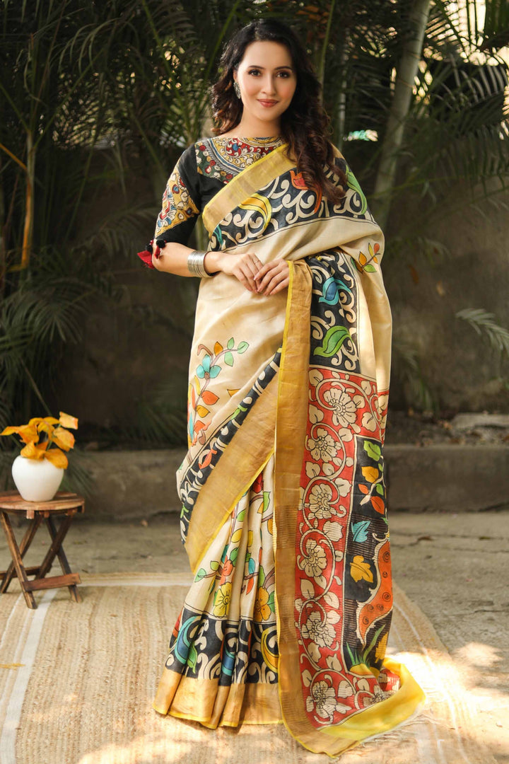 Tussar Silk Saree with Timeless Handloom Kalamkari Prints