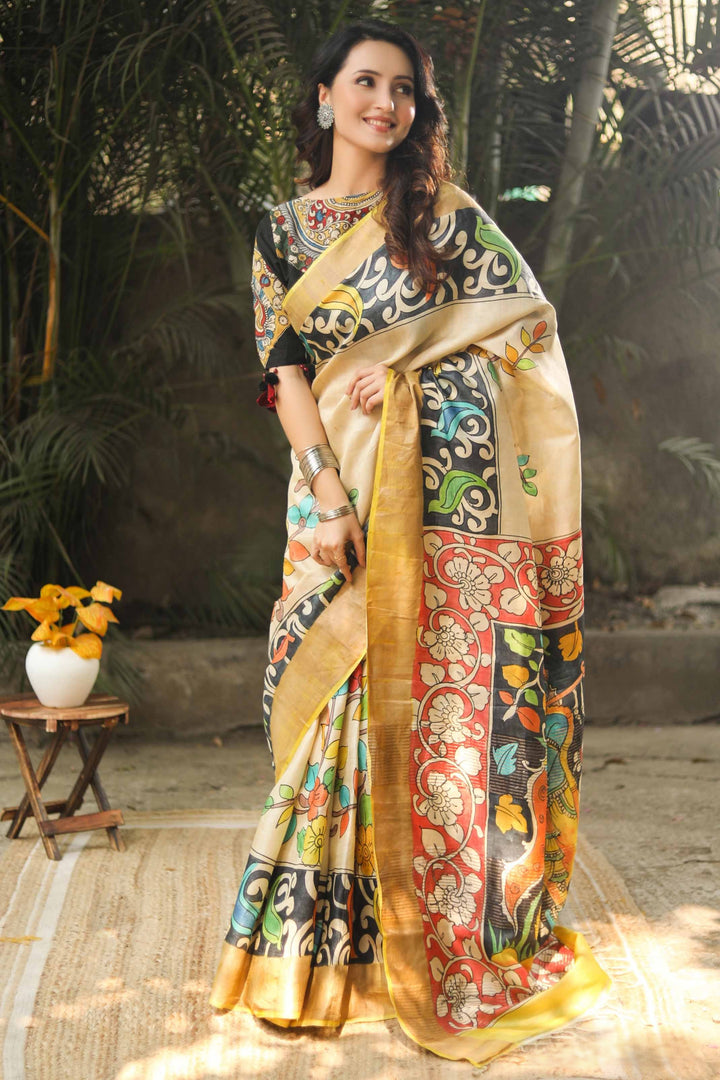 Tussar Silk Saree with Timeless Handloom Kalamkari Prints