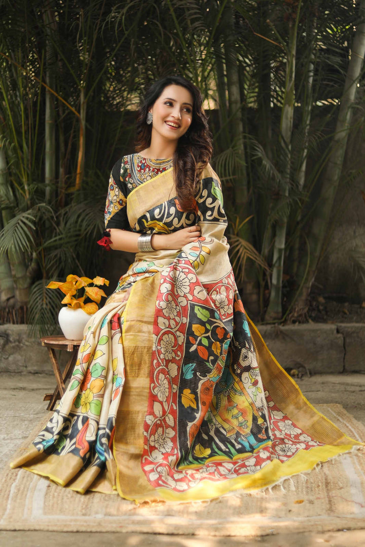 Tussar Silk Saree with Timeless Handloom Kalamkari Prints