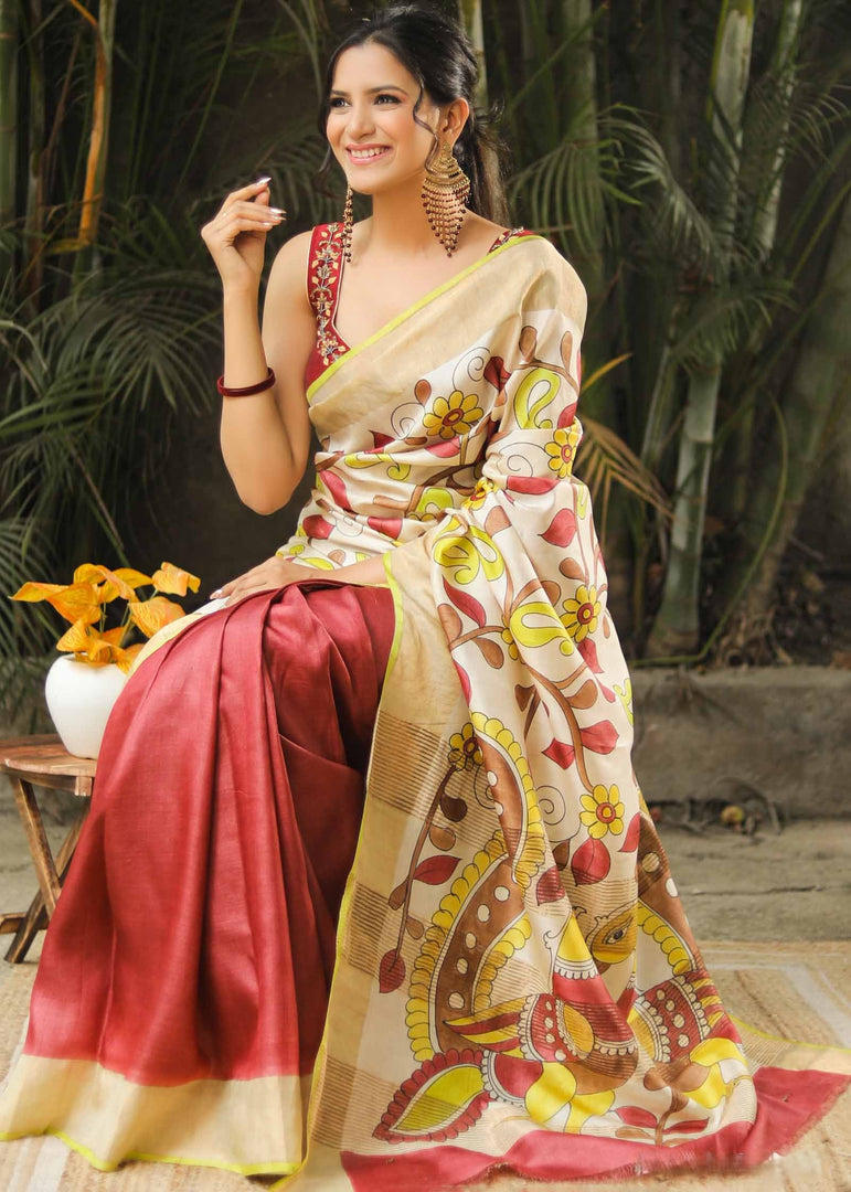 Gorgeous Handloom Tussar Silk Saree with Kalamkari Detailing