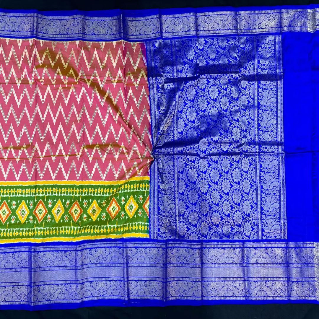 Pink Color Exclusive Ikkat Kanchi Border Weaving Print Saree With Blouse