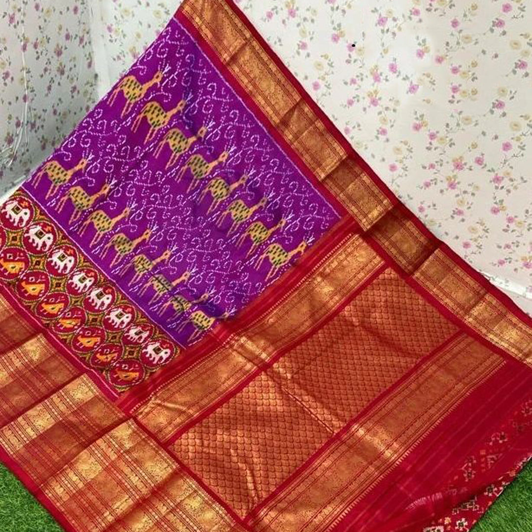 Purple Color Exclusive Ikkat Kanchi Border Weaving Print Saree With Blouse