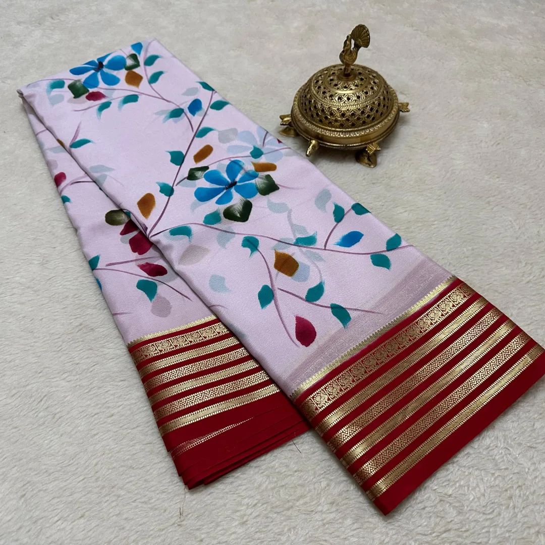 Exclusive Pink Digital Printed Silk Saree With Handcrafted Zari Border
