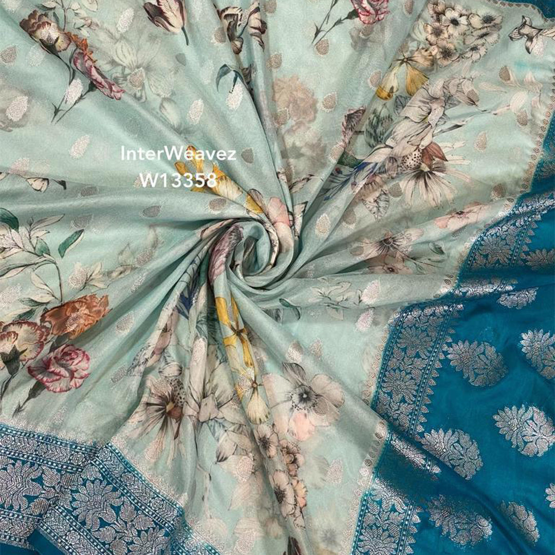 Light Cyan Digital Flower Print Crepe Georgette Fabric Casual Saree