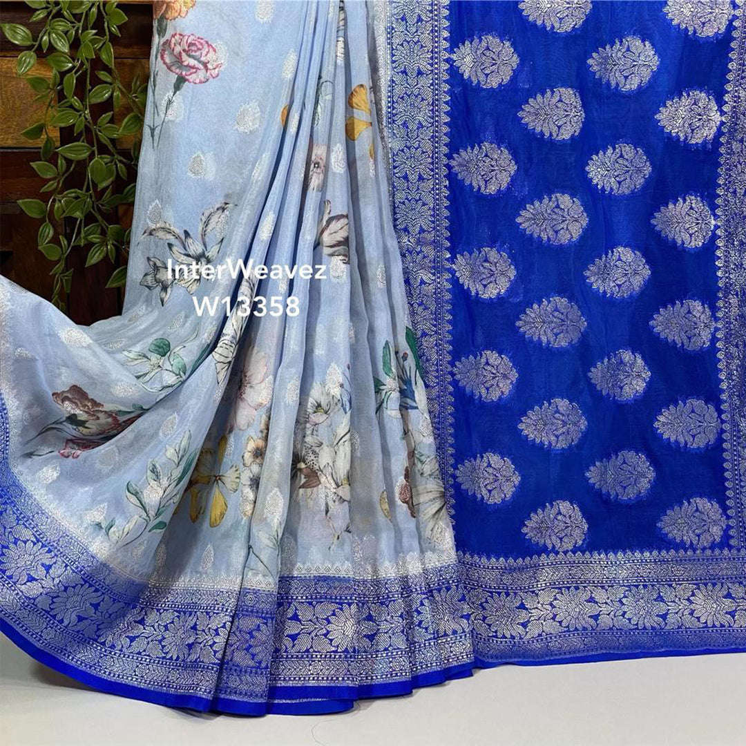 Sky Blue Digital Flower Print Crepe Georgette Fabric Casual Saree