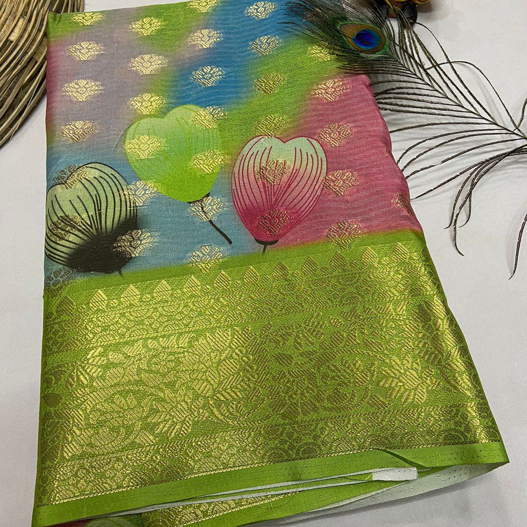 Desically Ethnic Green Digital Printed Crepe Georgette Saree