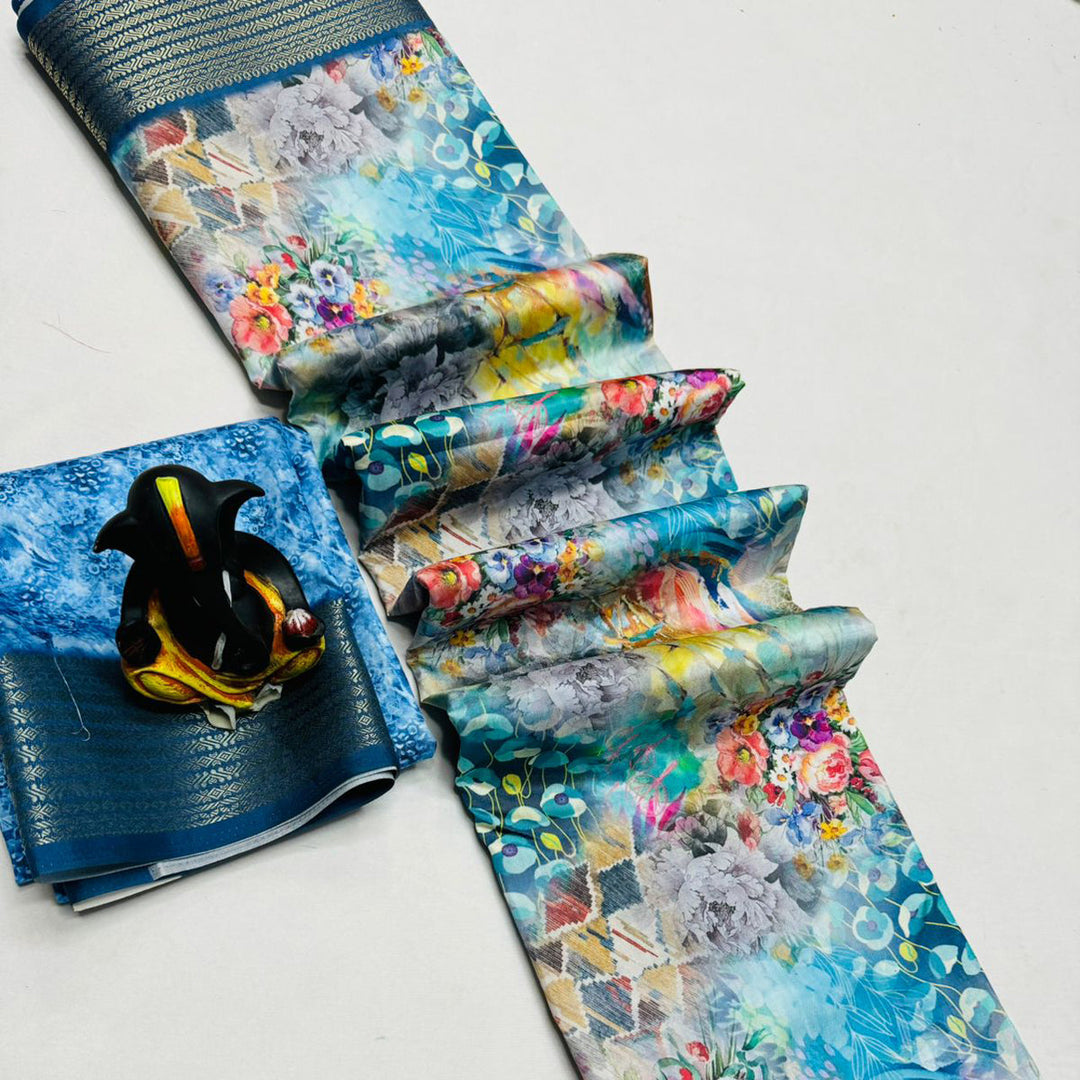 Blue Butter Silk Digital Print Saree With Unstitched Blouse