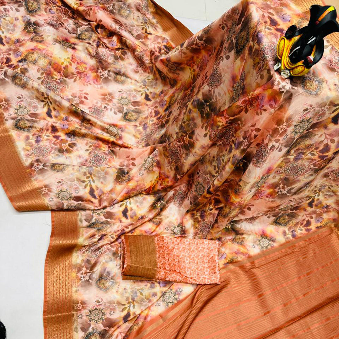 Ruby Brown Butter Silk Digital Print Saree