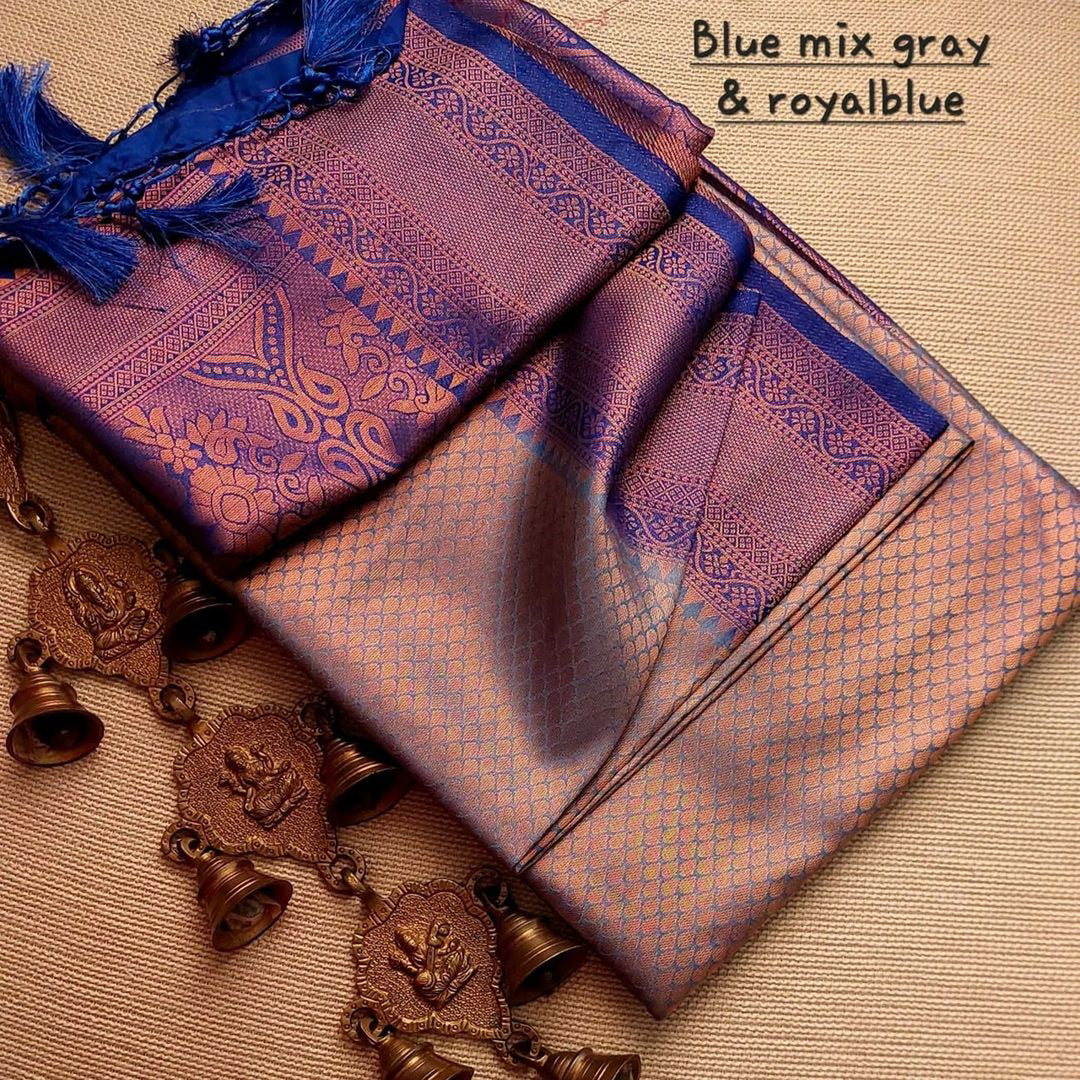 Blue Mix Gray Royal Blue Colour Rich Pallu Soft Silk Sare