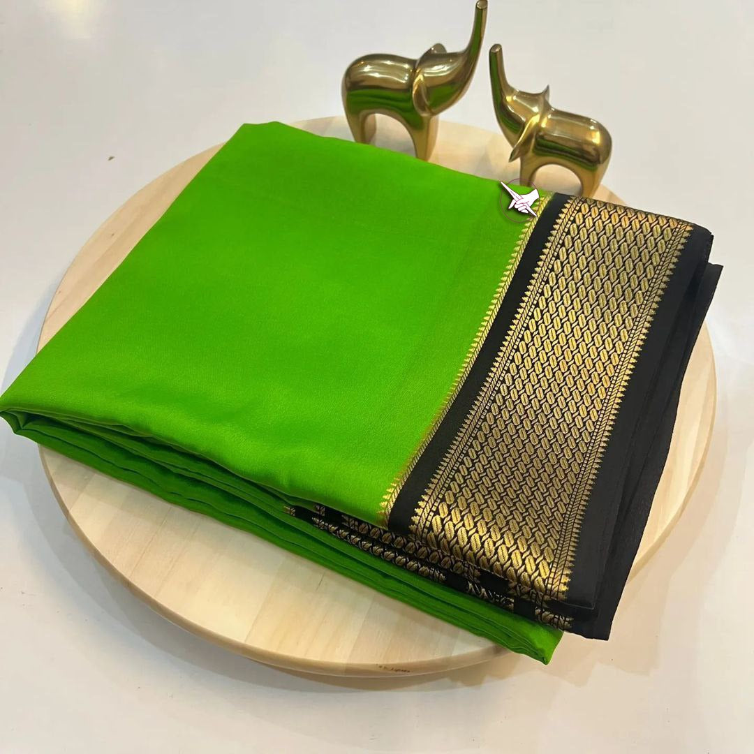 🥰 Exclusive Zari Border Green Colour Plain Mysore Silk Saree.🥰