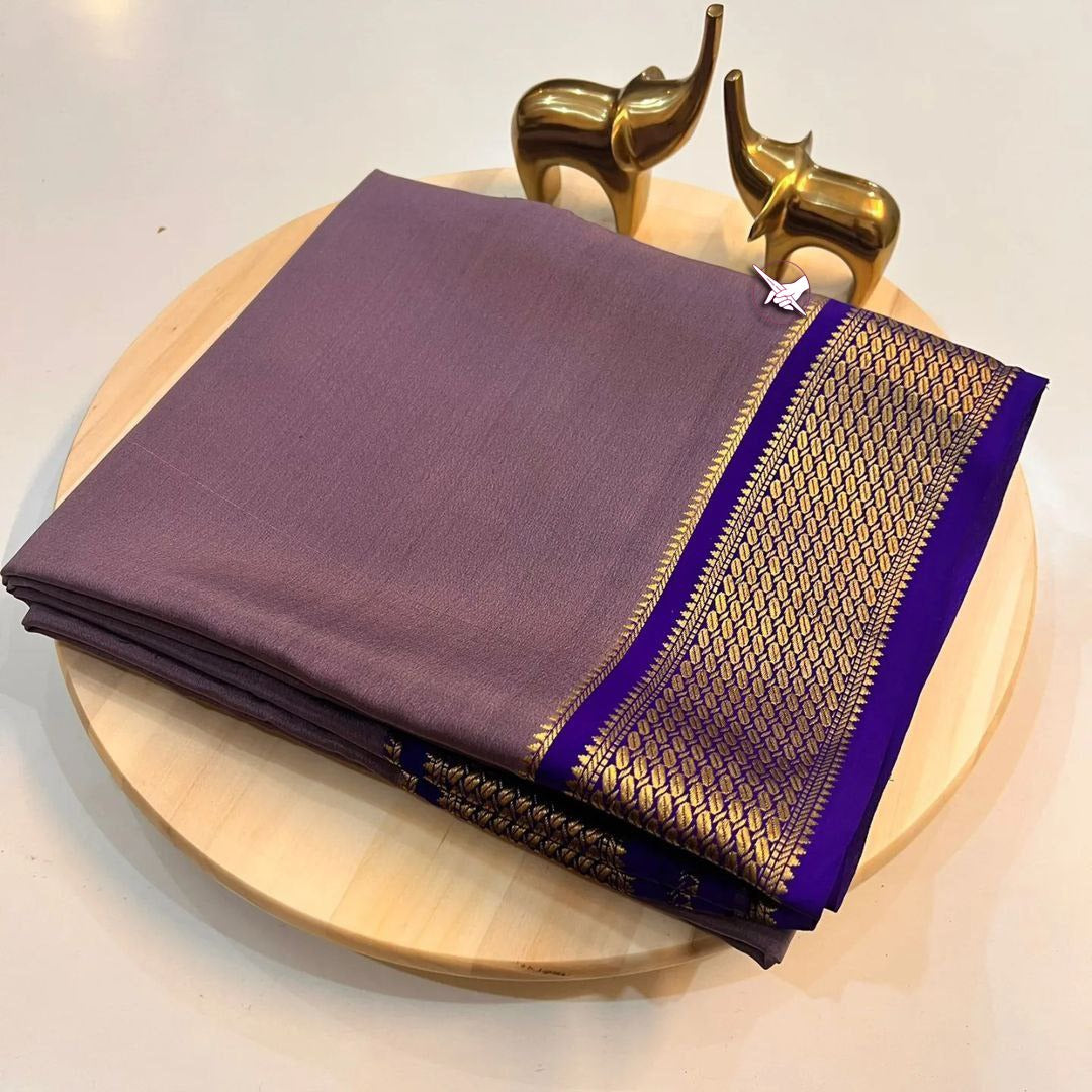 🥰 Exclusive  Zari Border silver nd Purple  Colour Plain Mysore Silk Saree.🥰