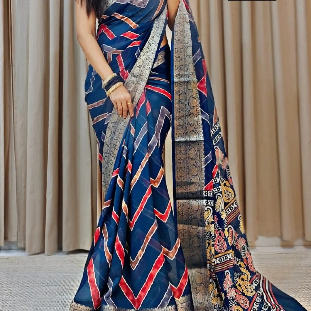 Elegant Navy Blue Dola Soft Silk Saree With Digital Prints And Zari Highlights
