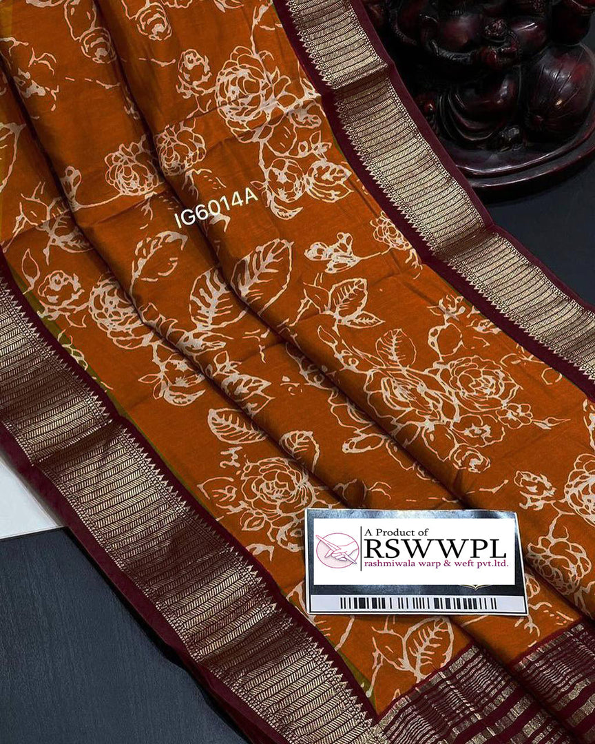 Orange Soft Assami Pattu Weaving Zari border Soft Silk Print Sarees