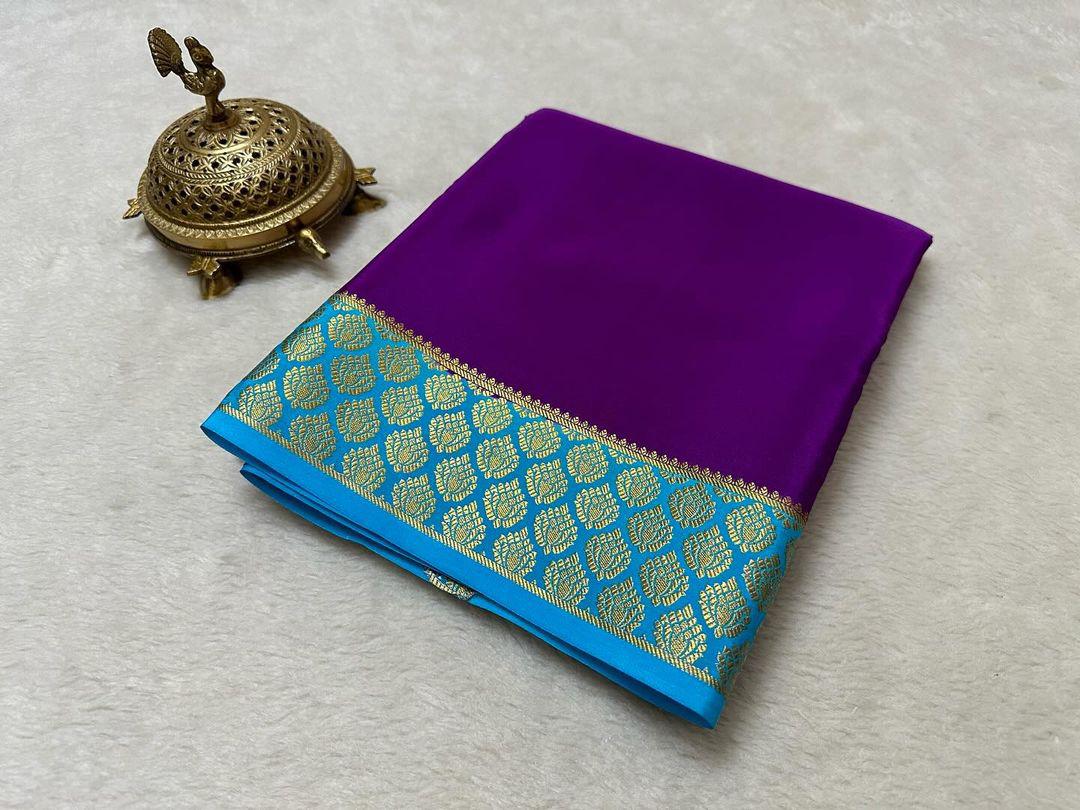 🥰Exclusive  Zari Border Purple  With Sky Blue  Colour Plain Mysore Silk Saree.🥰