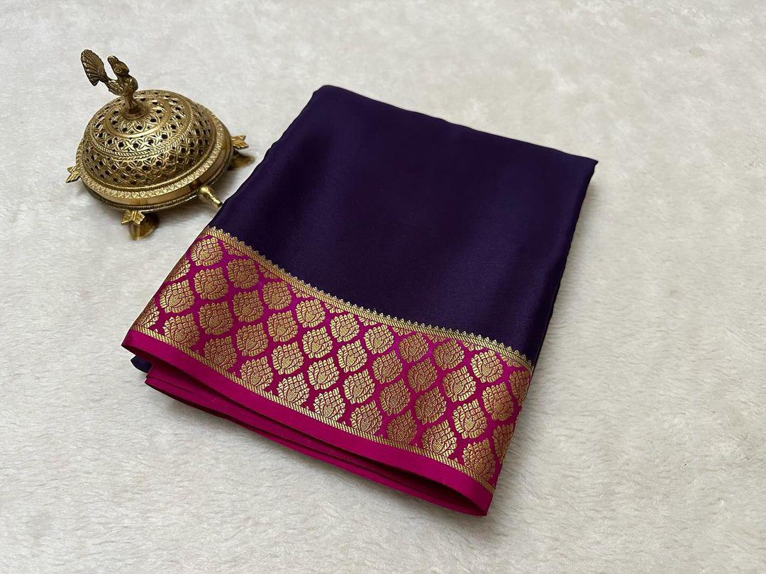 🥰 Exclusive Zari Border Purple nd Pink Colour Plain Mysore Silk Saree.🥰