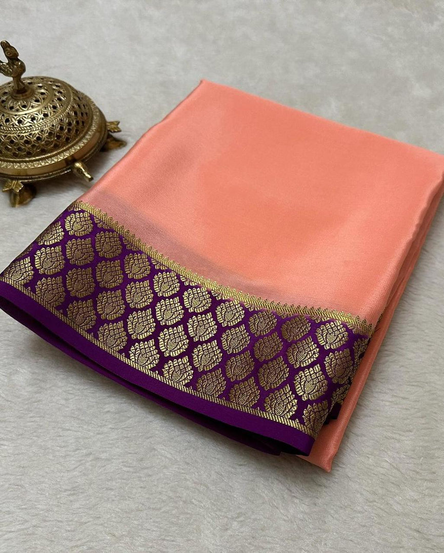 🥰 Exclusive Zari Border Peach Colour Plain Mysore Silk Saree.🥰