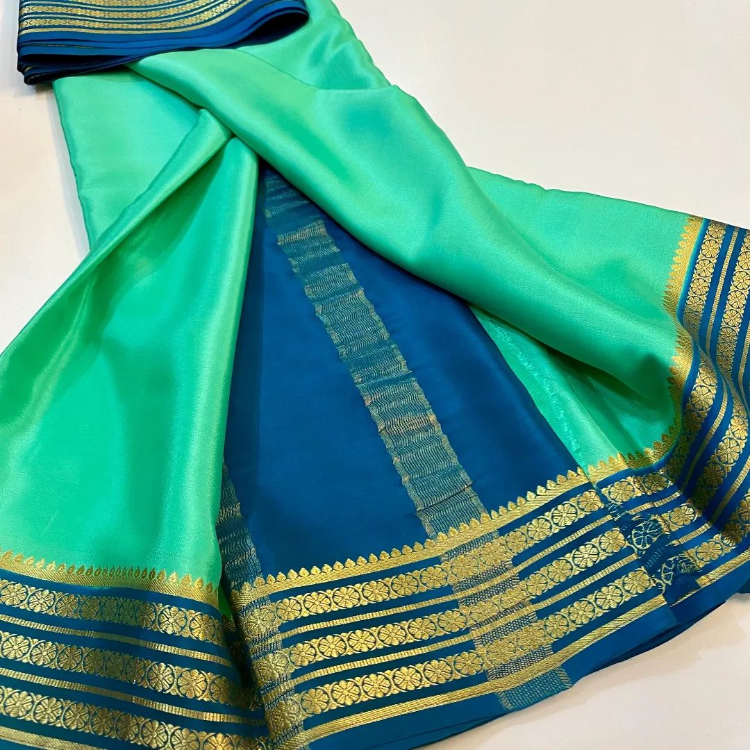 🥰 Exclusive Zari Border Sky Blue nd Green Colour Plain Mysore Silk Saree.🥰