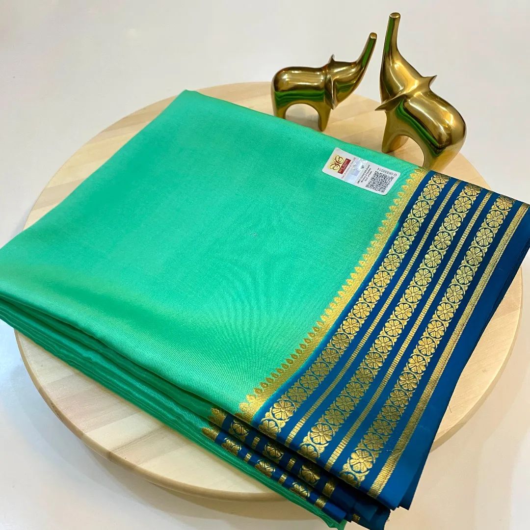 🥰 Exclusive Zari Border Sky Blue nd Green Colour Plain Mysore Silk Saree.🥰