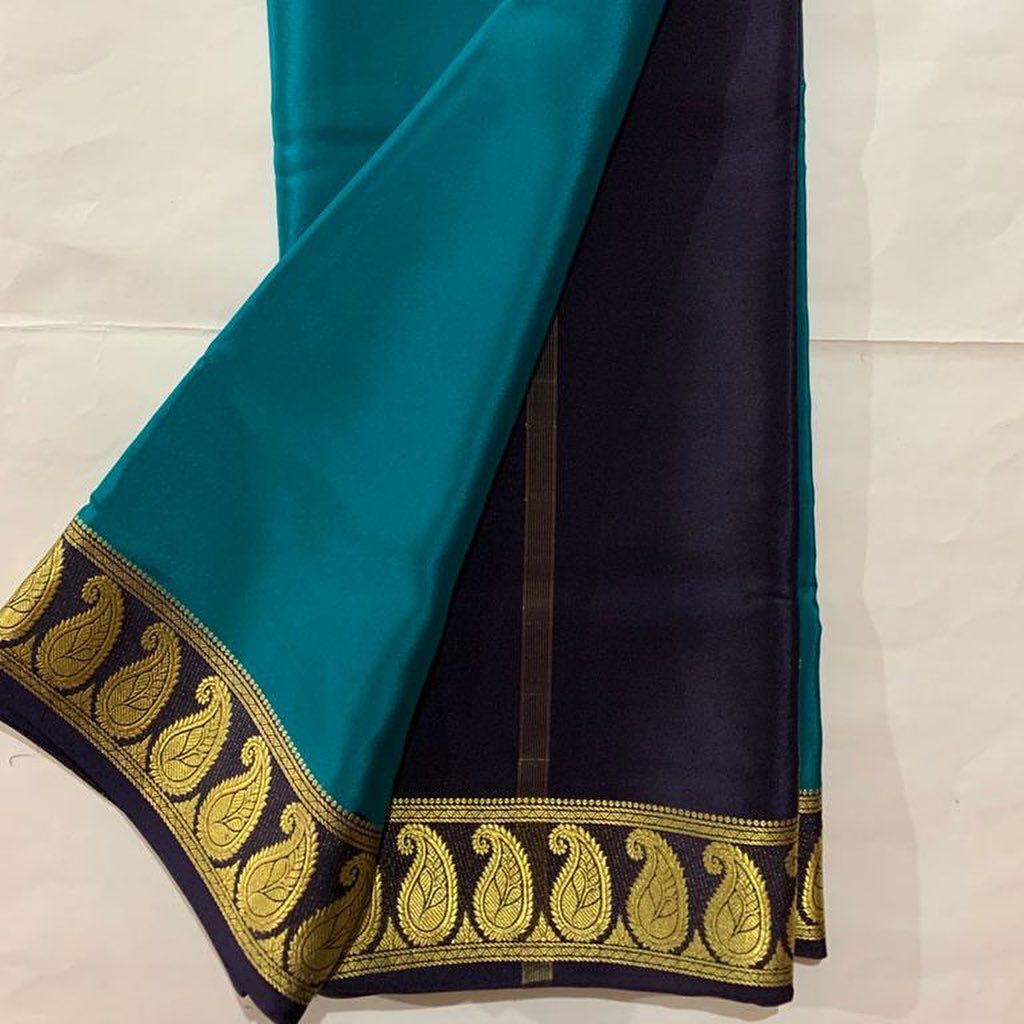 Graceful Sky Blue And Purple Mysore Silk Saree With Minimalist Plain Design With Zari Trim