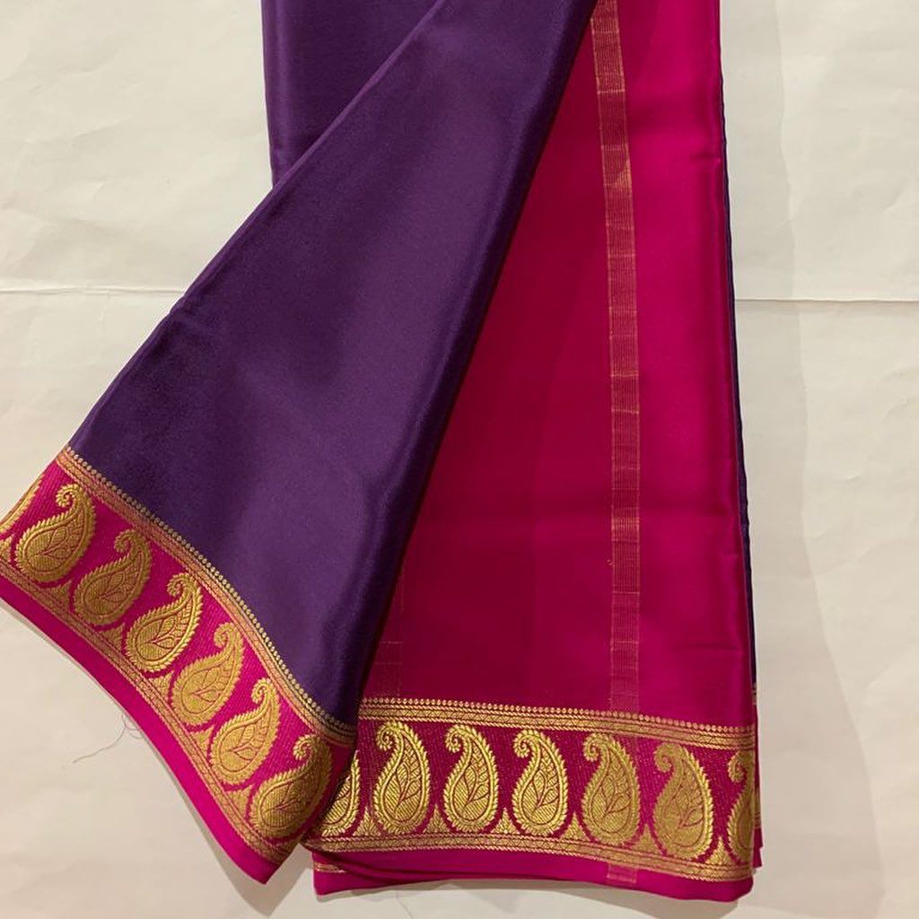 🥰 Exclusive Zari Border Purple nd Pink  Colour Plain Mysore Silk Saree.🥰