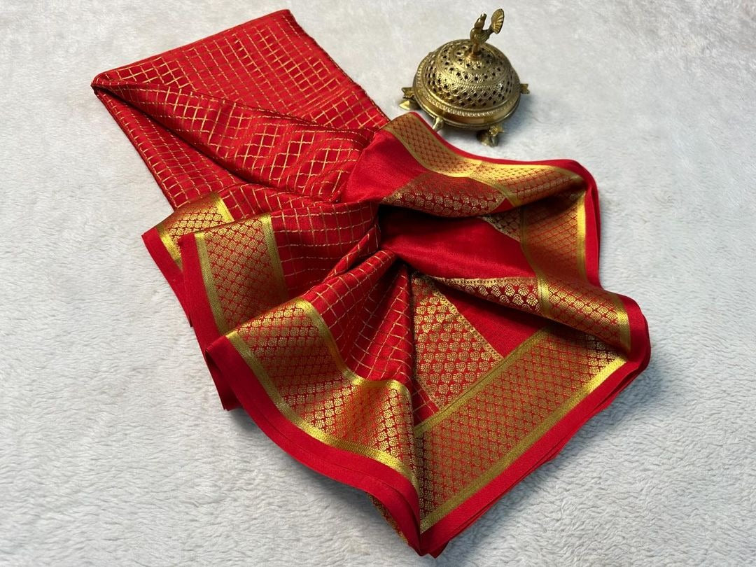 Zari Border Mysore Silk Saree In Red Plain Crepe Style For Sangeet Functions