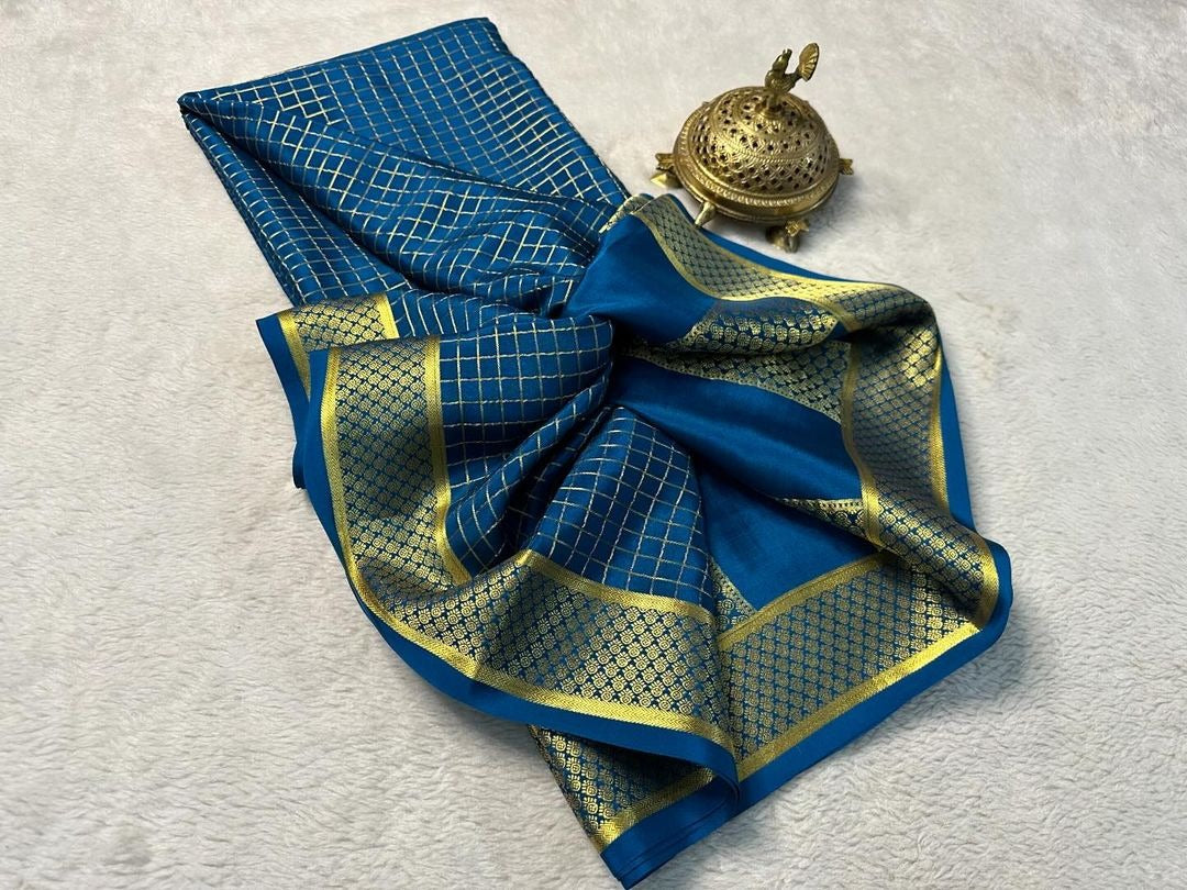 Plain Crepe Mysore Silk Saree In Blue Stylish Zari Border For Festive Wear