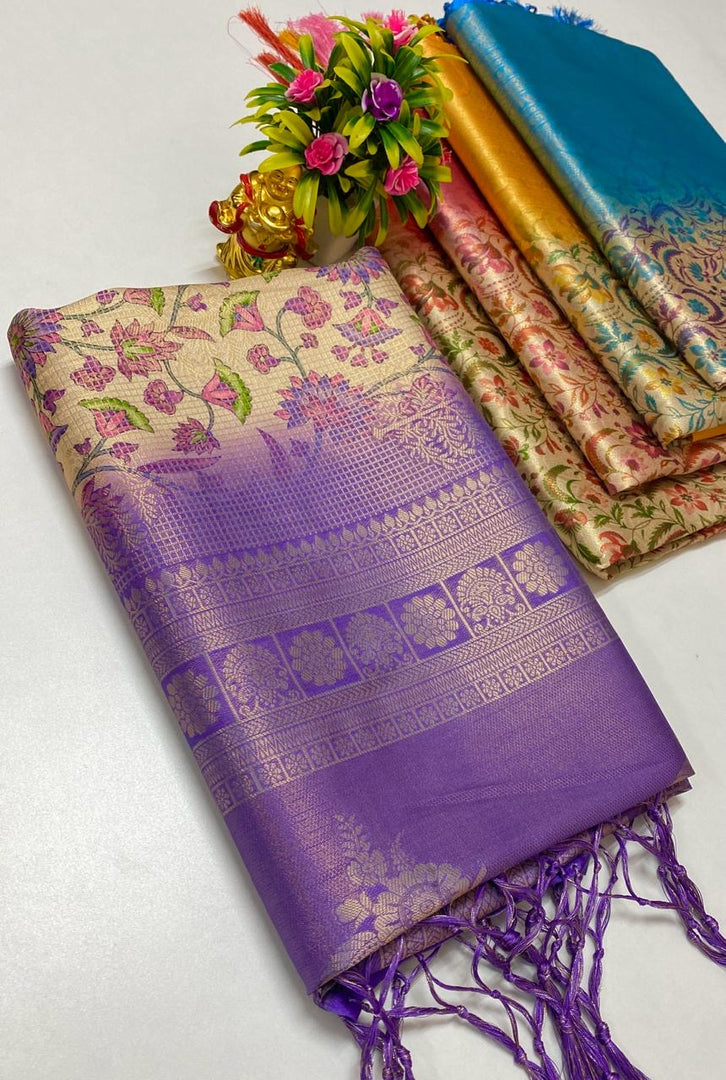 Elegant Purple Banarasi Soft Silk Saree Vibrant Digital Prints For Festive Wear