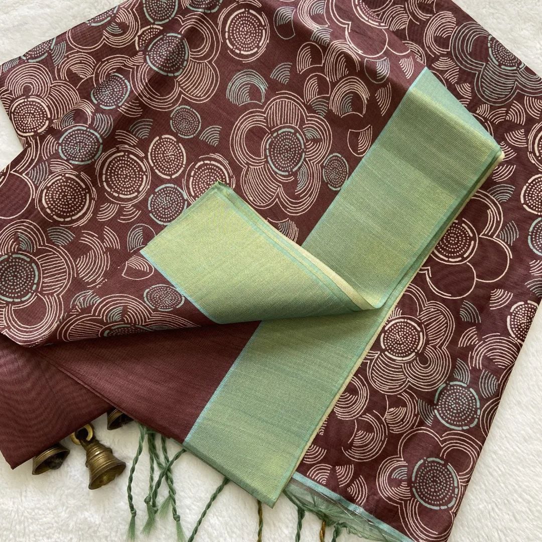Trendy Wine Semi Tussar Silk Saree Printed Elegance With Zari Edge Design