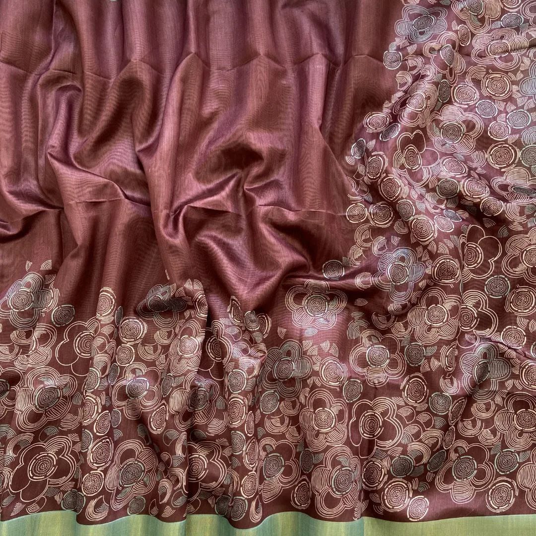 Trendy Wine Semi Tussar Silk Saree Printed Elegance With Zari Edge Design