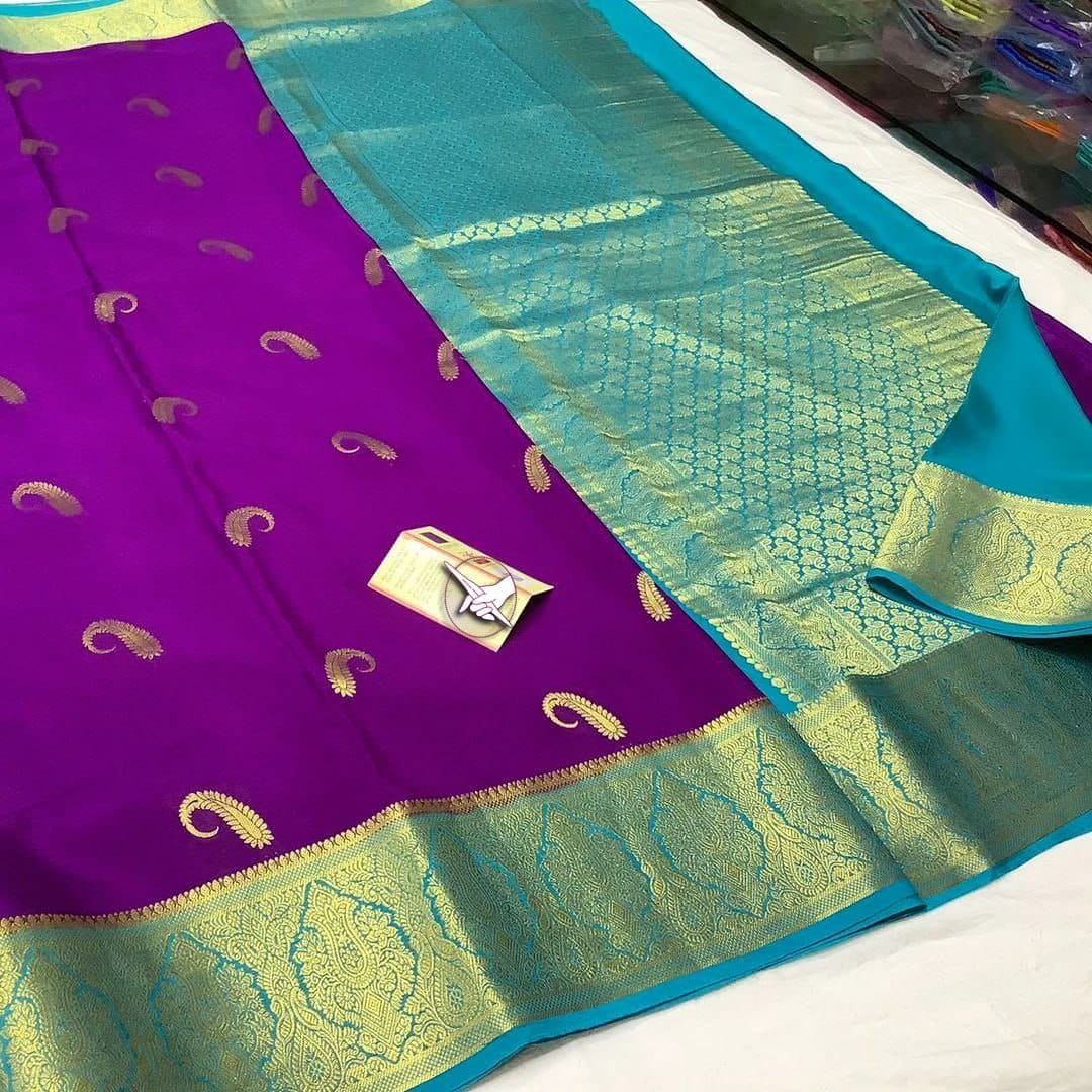 Traditional Mysore Silk Saree Purple Soft Weave And Contrast Zari Border