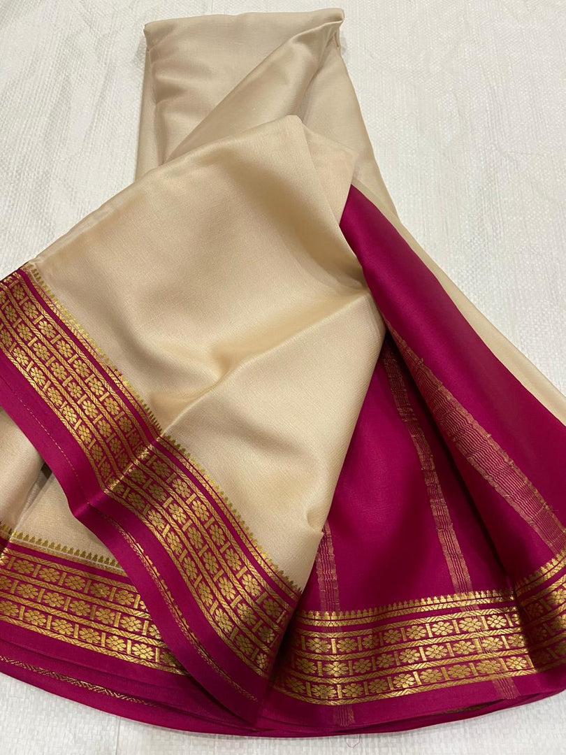 Stunning White And Pink Mysore Semi Silk Saree With Designer Zari Blouse Piece