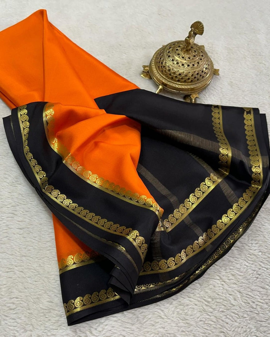 Stunning Black And Bronze Soft Silk Traditional Saree With Zari Border In Semi Mysore Weave