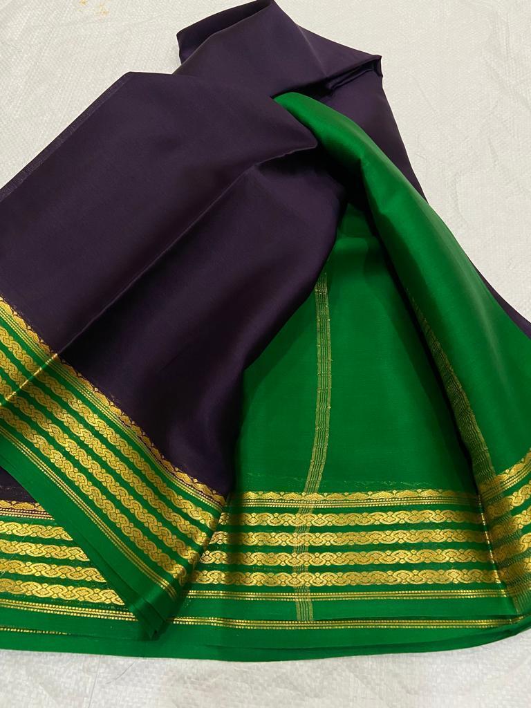 Designer Purple And Light Green Semi Mysore Style Silk Saree With Gold Zari Weaving